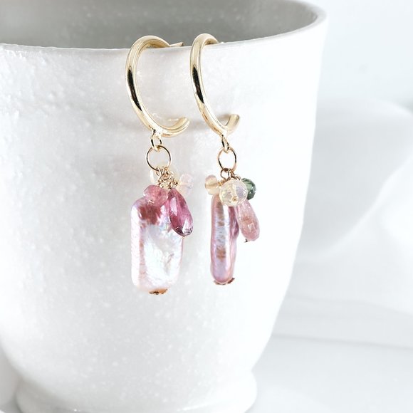Baroque Pearl & Opal Tourmaline Cluster Earrings, 14K Gold Filled Half Hoops - Picture 8 of 10
